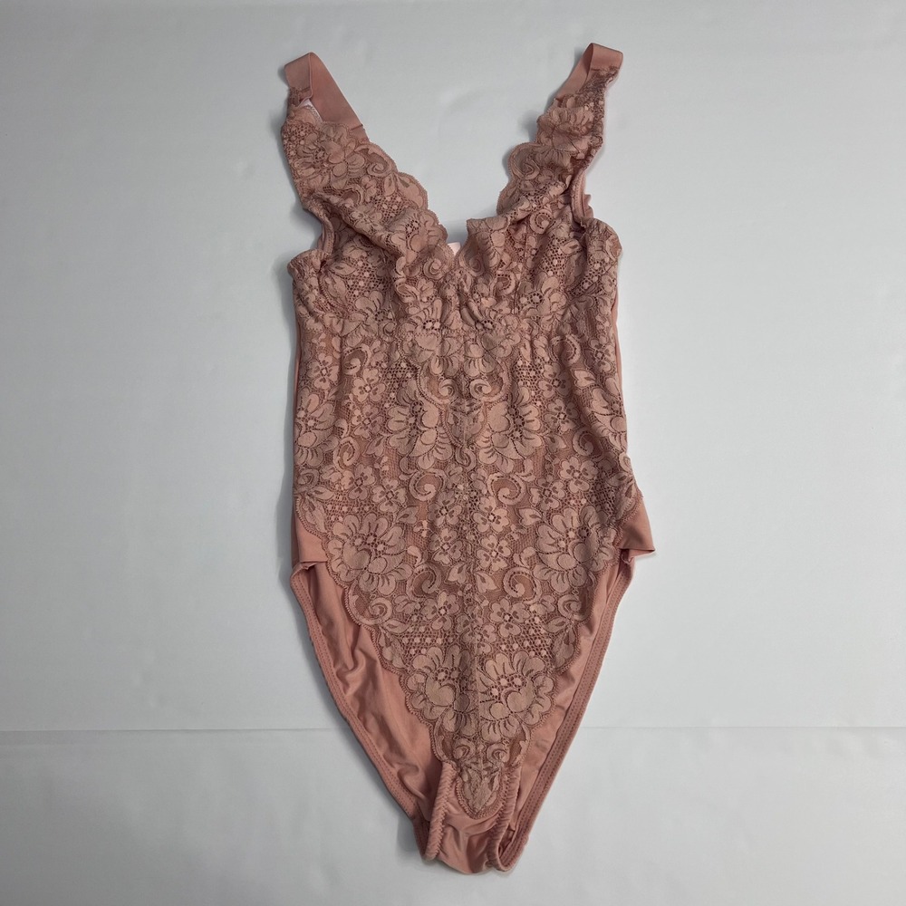 We Are HAH Bodysuit Small Pink Floral Lace V-Neck Ruffle Strap High Cut Sexy